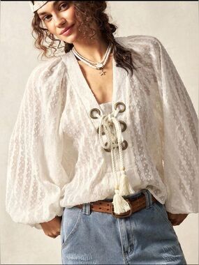 SHEIN Ivory Lace-Textured V Neck Tie-Front Peasant Blouse Size 14